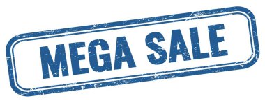 Mavi grungy vintage dikdörtgen damgalı MEGA satış metni.