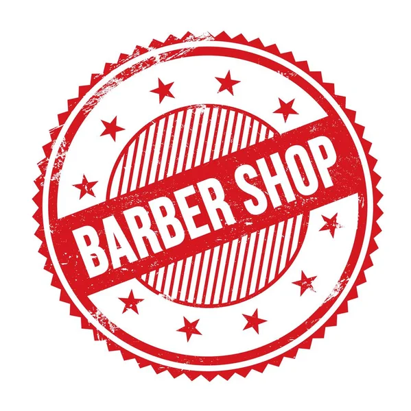 Barber Shop Texto Escrito Vermelho Ziguezague Grungy Bordas Carimbo Redondo — Fotografia de Stock