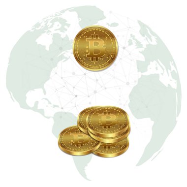 Gezegen arka planda blockchain elemanları ile altın bitcoin