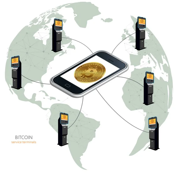 Το Bitcoin σε όλο τον κόσμο. Bitcoin στο τηλέφωνο και bitcoin ΑΤΜ — Διανυσματικό Αρχείο