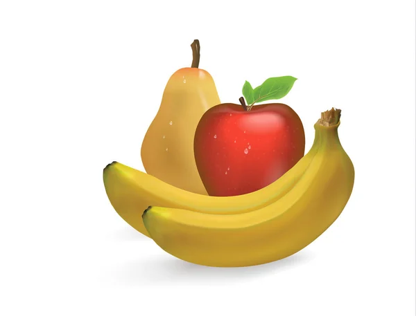 Illustration 3D d'un ensemble de bananes mûres, pommes, poires isolées sur fond blanc — Image vectorielle