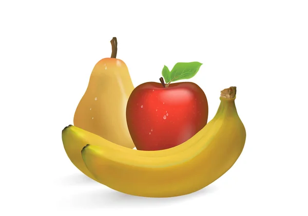 3D illustration av en uppsättning mogen banan frukt, äpple, päron isolerad på vit bakgrund — Stock vektor