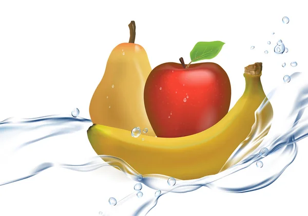 3D illustration av en uppsättning av mogna frukter: vatten spray, banan, äpple, päron isolerad på vit bakgrund — Stock vektor