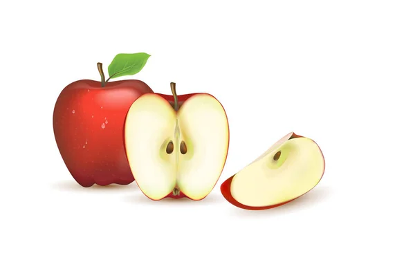 Ρεαλιστική απεικόνιση του ένα κόκκινο μήλο. Κομμένο σε φέτες και αποφλοιωμένες φρούτα. Απομονωμένα σε λευκό φόντο — Διανυσματικό Αρχείο