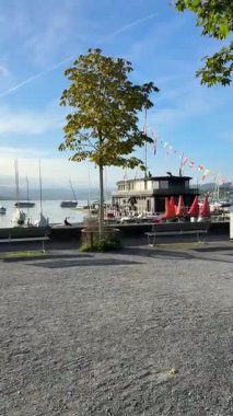 Zürih, İsviçre. 17 Eylül 2025. Yazın sonlarında Zürih Gölü. Alpleri uzaktan görebilirsin..