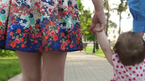 Petit bébé apprendre à marcher avec maman et papa, famille heureuse marche dans le parc d'été — Video