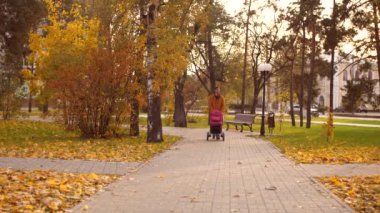 Bir bebek olan adam parka doğru yürür ve taze hava nefes.