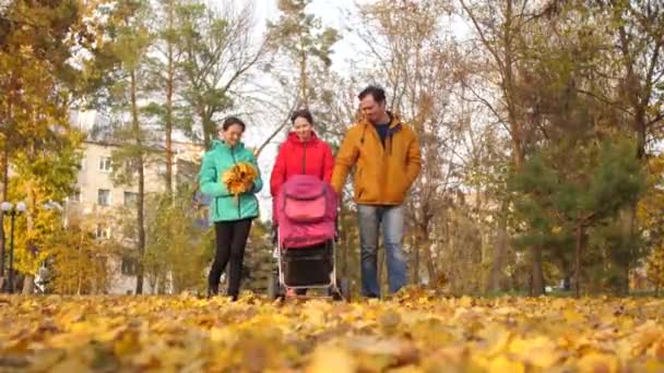 Παντρεμένο ζευγάρι με παιδιά με τα πόδια στο πάρκο φθινόπωρο με καροτσάκι. — Αρχείο Βίντεο