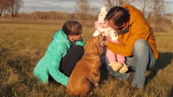 Papá y los niños acariciaron la mano del perro , — Vídeos de Stock