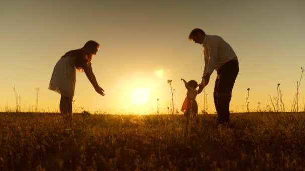 Jeune belle famille dans le champ avec enfant au coucher du soleil, un petit enfant apprend à marcher avec maman et papa, mouvement lent — Video