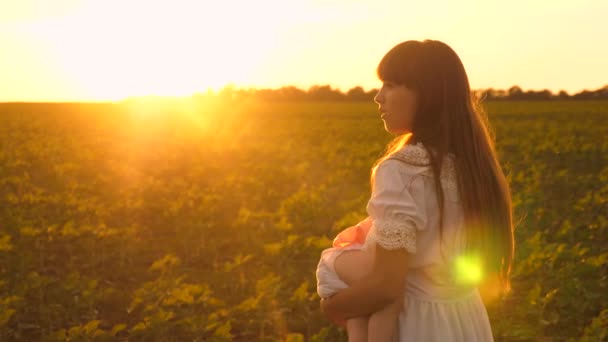 Niño se duerme en las manos de las madres, madre camina con un niño pequeño en el parque de verano al atardecer, cámara lenta — Vídeos de Stock