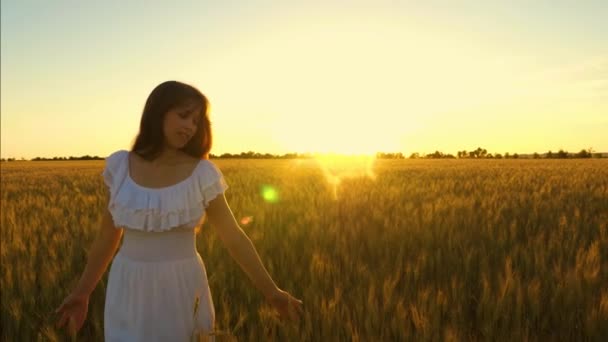 Сміється дівчина гуляє полем з пшеницею в відблисках золотого сонця. повільний рух — стокове відео