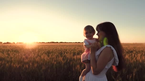 La mujer con un bebé pequeño va y se ríe contra el telón de fondo de la puesta de sol dorada en un campo de trigo. Movimiento lento . — Vídeo de stock