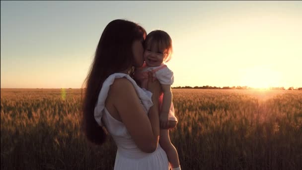 O bebezinho com a mãe vai para o campo de trigo e ri-se no fundo de um pôr-do-sol dourado. Movimento lento . — Vídeo de Stock