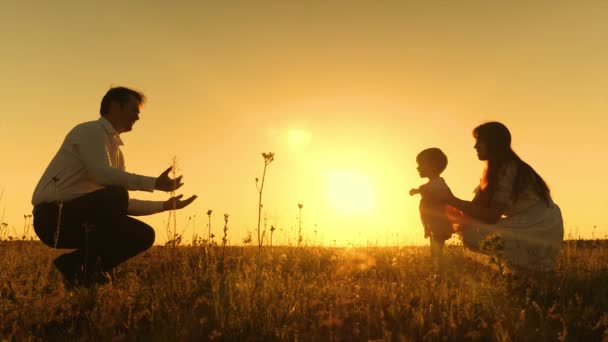 Маленька дівчинка вчиться ходити зі своїми ногами під час золотого заходу сонця. Люблячі батьки ходять з дитиною . — стокове відео