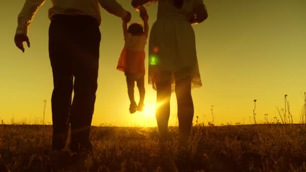 Papa en Mama houden de handen van de baby en lopen over het veld bij gouden zonsondergang. — Stockvideo