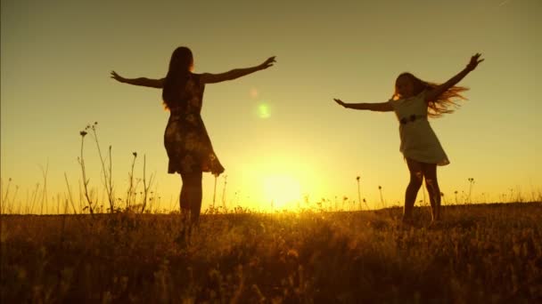 Chicas adolescentes con el pelo largo giran en vuelo bajo los rayos de la puesta del sol de oro. Movimiento lento . — Vídeo de stock