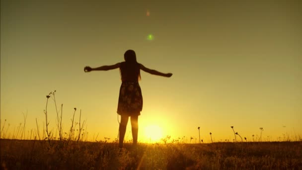 Ελεύθερη και χαρούμενη κοπέλα με μακριά μαλλιά άλματα στο ηλιοβασίλεμα από το χρυσαφένιο ήλιο. Αργή κίνηση. — Αρχείο Βίντεο