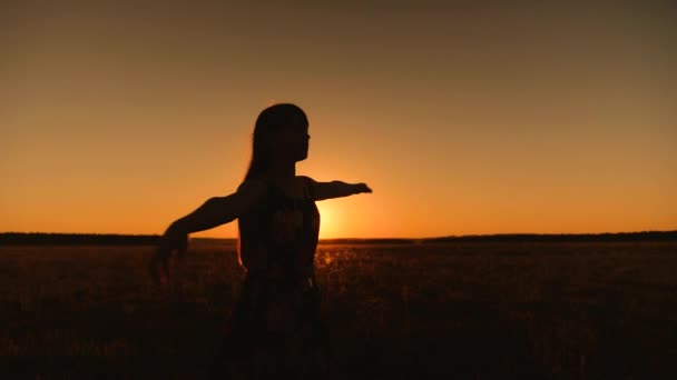 Uma menina bonita está girando ao pôr-do-sol de ouro. . — Vídeo de Stock