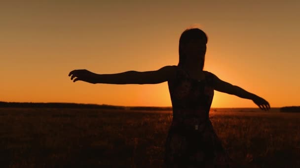 Girl with long hair whirls in flight under rays of golden sunset. Slow motion. — Stock Video
