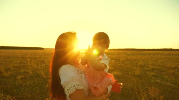 Petit bébé ronge un poing tout en étant assis sur les mains d'une mère riante au coucher du soleil. Mouvement lent . — Video
