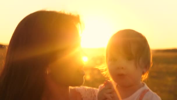 赤ちゃんは、日没で彼の母と遊んで彼の指を吸います。黄金の太陽の日没で赤ちゃんを遊んで幸せな母. — ストック動画