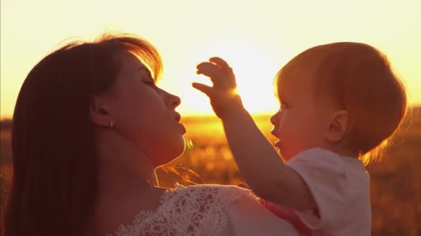 Bébé traîne sa mère par les cheveux au coucher du soleil et rit . — Video