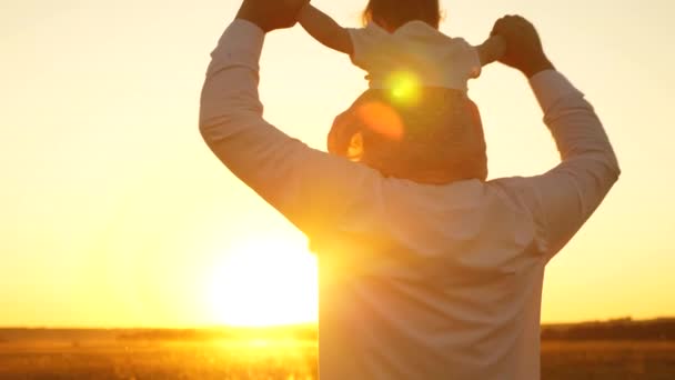 Táta nese dítě sedí na ramenou při západu slunce zlaté slunce. — Stock video