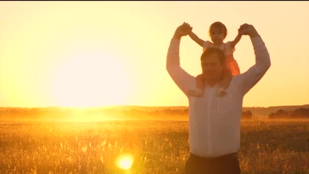 Papá feliz lleva al bebé amado en sus hombros caminando a lo largo del campo al atardecer. . — Vídeo de stock