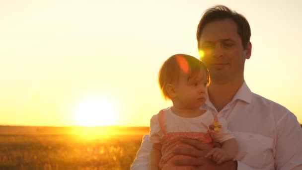 Мужчина несет маленькую дочь через поле на руках на закате . — стоковое видео