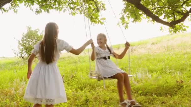 Glückliche Kinder schwingen sich unter einer Sommereiche auf eine Schaukel und lachen. Heranwachsende Mädchen spielen zusammen in der Natur und lächeln. Zeitlupe. — Stockvideo