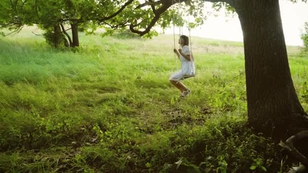 Schöne Mädchen schwingt auf einer Schaukel und lächelt. Zeitlupe. — Stockvideo