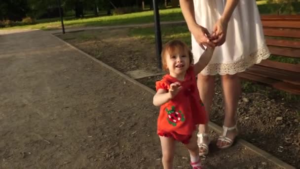 Pequeno bebê está aprendendo a andar segurando a mão da mãe e sorrindo andando ao longo do caminho no parque — Vídeo de Stock