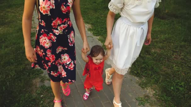Lesbiska gå runt hålla hand med liten glad och leende bebis. Kvinnor spelar med barn gick vägen i stadsparken. Slow motion — Stockvideo
