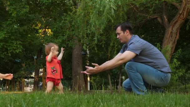 Lilla dotter tar första stegen att möta skrattar pappa på gräsmatta gräs i parken. Pappa kyssar baby på kinden och smill. Slow motion — Stockvideo