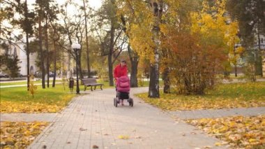 Genç Anne yeni doğan bebek arabası park ile yürüyor
