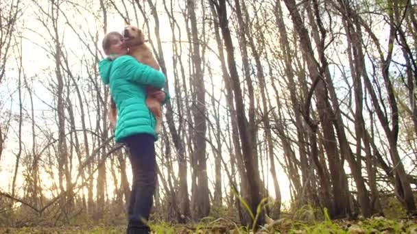 Joven chica está sosteniendo mascota amor perro de pie en otoño parque follaje riendo y sonriendo — Vídeos de Stock