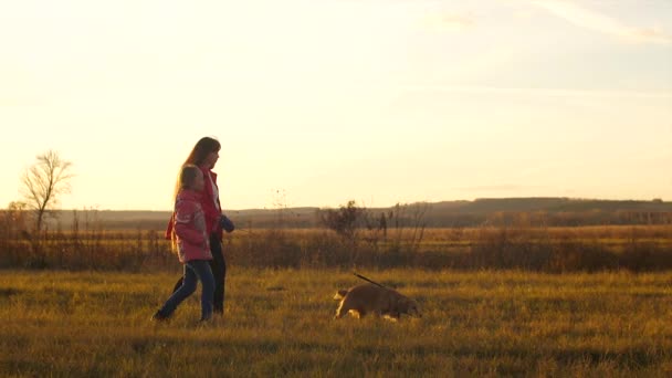 Mamma och dotter vandrar med sin älskade hund vid solnedgången. Slow motion — Stockvideo