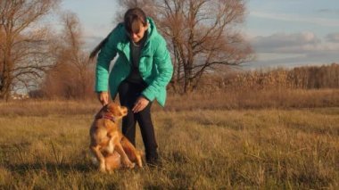 Mutlu genç kız öfkeli ve sonbahar park ve gülümseyen köpek ile oynarken