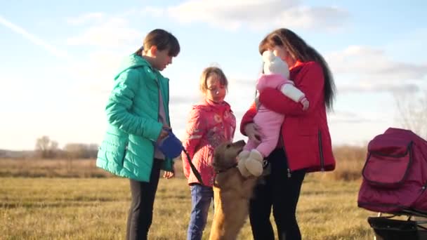 Enfants et maman, marchant avec leur chien — Video