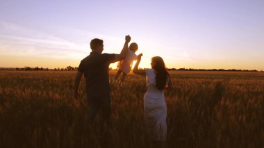 Çocuk ailesi ile alan golden sunset ışınlarının buğday ile yürür. Bebek anne ve baba oynamak ve buğday alanıyla gülmek.