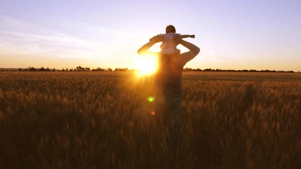 父亲与小婴孩跳舞和笑在金黄日落的背景在麦田与麦子 — 图库照片
