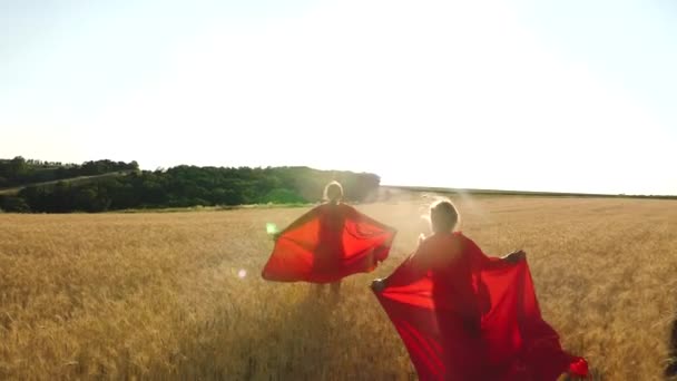 Las niñas juegan a los superhéroes corriendo por el campo con trigo en el resplandor de la luz del sol. Movimiento lento — Vídeos de Stock