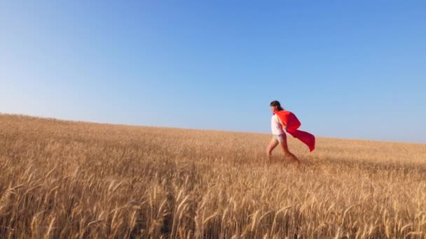 Κορίτσι με κόκκινο αδιάβροχο παίζει υπερήρωα σε χωράφι με σιτάρι. Αργή κίνηση — Αρχείο Βίντεο