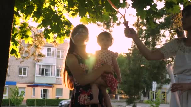 Мама и маленькая дочь ловят большие и прозрачные мыльные пузыри в городском парке и смеются — стоковое видео