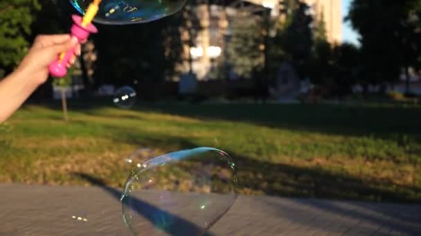 A menina deixa grandes bolhas no parque da cidade. Close-up. Movimento lento — Vídeo de Stock