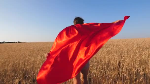 Дівчина супергерой біжить по полю з пшеницею в червоному плащі на блакитному небі. Повільний рух — стокове відео