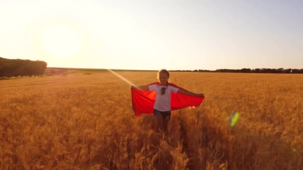 Menina super-herói corre através do campo de trigo em luz brilhante e sorrisos. Movimento lento — Vídeo de Stock