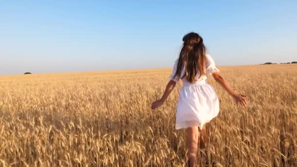 Menina feliz em branco vestido corre e sorri em um campo de trigo maduro, câmera lenta — Vídeo de Stock