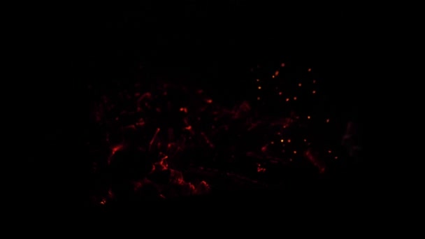 Brasas rojas calientes del fuego brillan por la noche, cámara lenta. primer plano — Vídeos de Stock